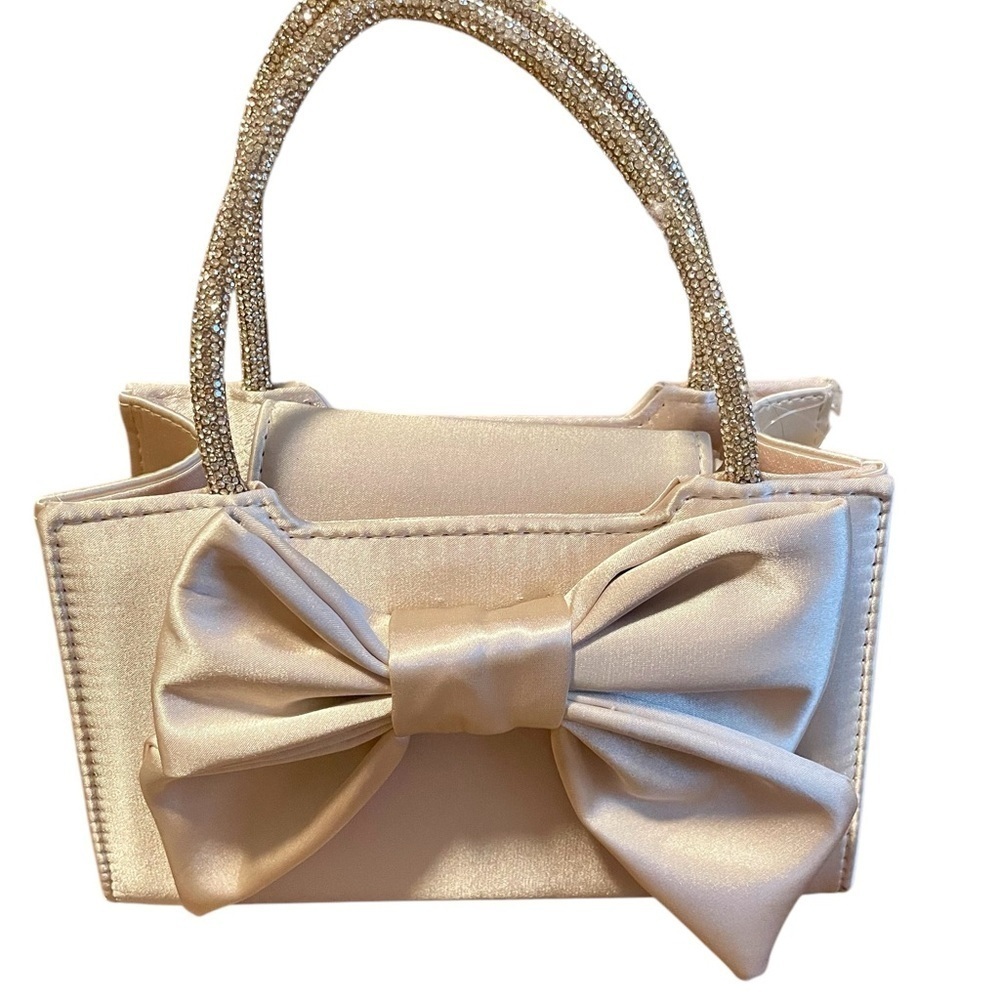 D’margeaux New York Mini Purse, Champagne, Satin and Bow, Rhinestone Handles